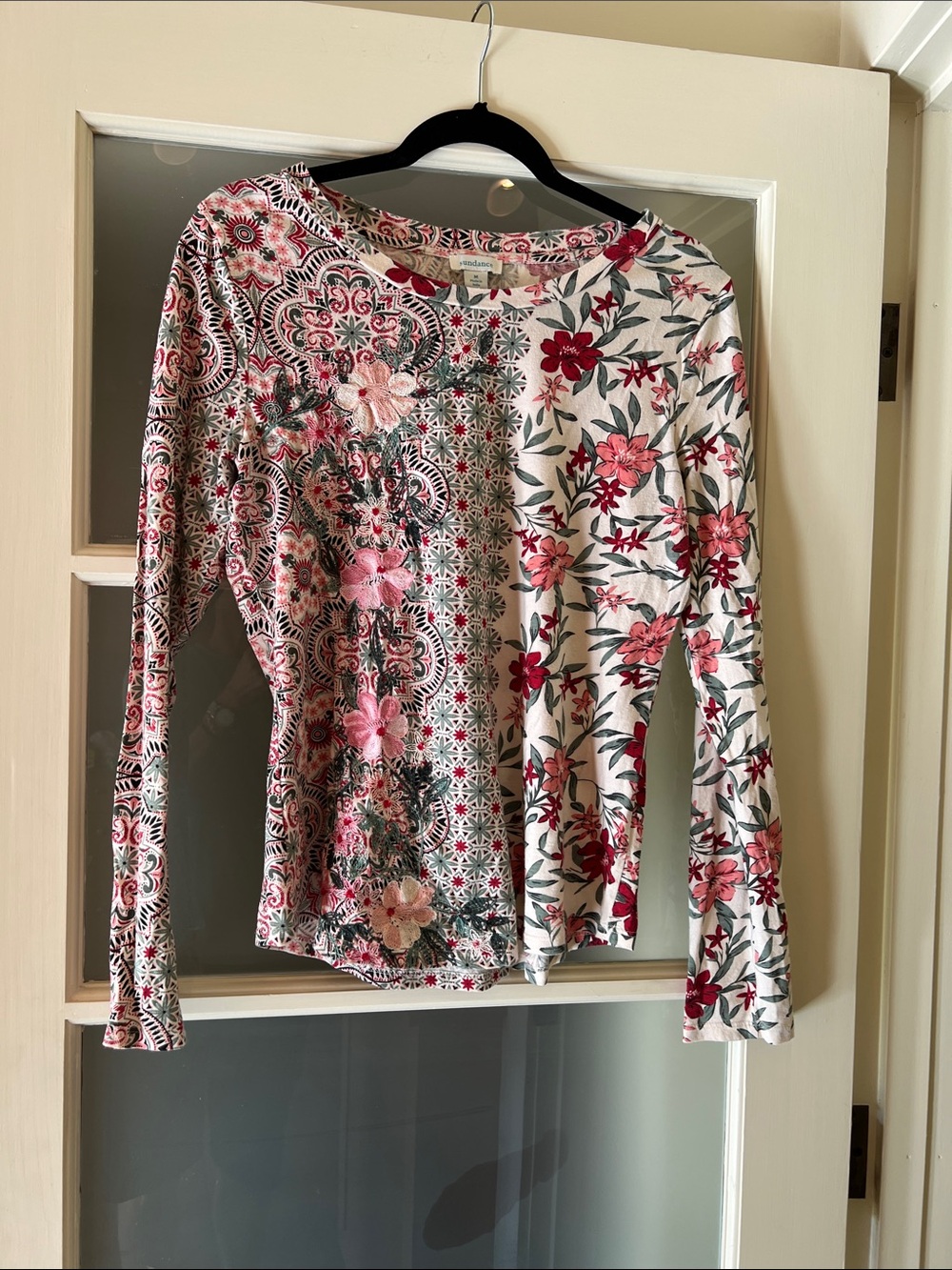 Sundance Mixed Floral Patchwork Long-Sleeve Top - Pink, Red, White